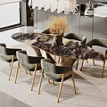 Modern Restaurant Dining Area With Oval Marble Table Grey Chairs Gold Legs And Flower Vase