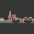 Orange And White Toll Plaza With Car Passing Through Multiple Lanes And Parking Area
