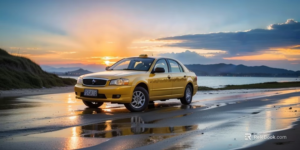 Yellow Taxi Car Parked On Beach At Sunset With Mountain And Water Reflection 3d model 