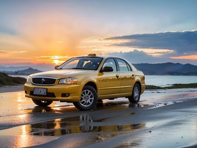 Yellow Taxi Car Parked On Beach At Sunset With Mountain And Water Reflection 3d model