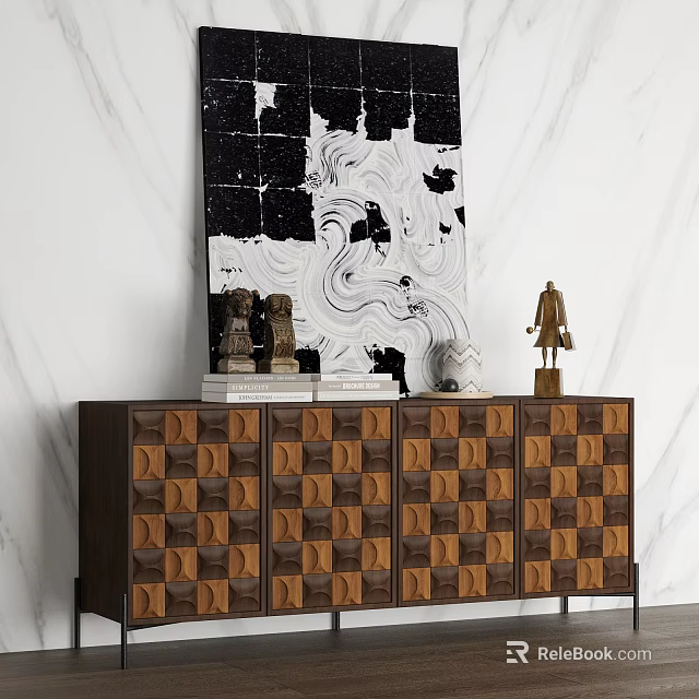 Modern Entryway Console Table With Geometric Wooden Pattern And Decorative Sculptures 3d model