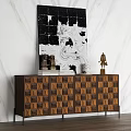 Modern Entryway Console Table With Geometric Wooden Pattern And Decorative Sculptures 3d model