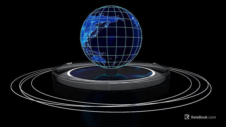 Futuristic Exhibition Island With Floating Blue Grid Globe And Circular Rings 3d model 