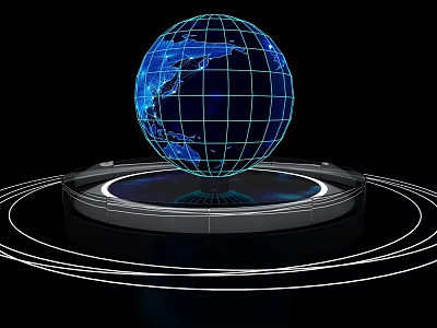 Futuristic Exhibition Island With Floating Blue Grid Globe And Circular Rings 3d model