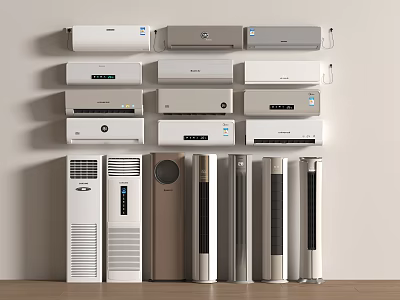 Various Types of Modern Air Conditioners and Fans Including Wall Mounted and Floor Standing Models 3d model