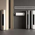 Modern Standing Air Conditioning Fans With White And Gold Designs In Indoor Setting