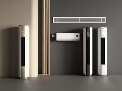 Modern Standing Air Conditioning Fans With White And Gold Designs In Indoor Setting 3d model