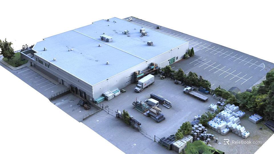 Large Industrial Warehouse With Flat Roof Parking Area Delivery Trucks And Stacked Goods 3d model 