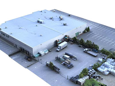 Large Industrial Warehouse With Flat Roof Parking Area Delivery Trucks And Stacked Goods 3d model
