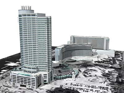 Modern Office Building Complex Featuring Tall Tower And Surrounding Low Rise Structures 3d model