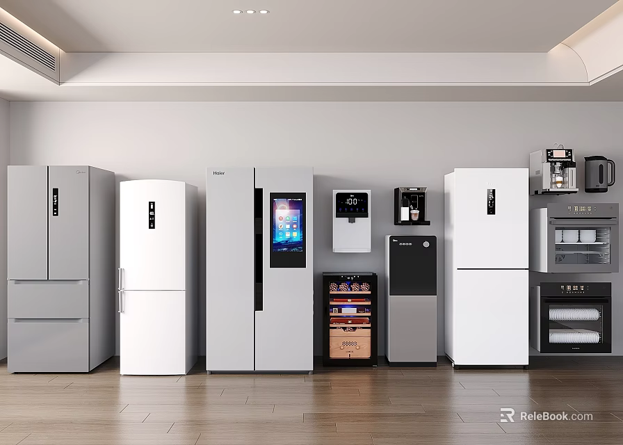 Modern Kitchen Interior Showcasing Various Appliances Including Refrigerators Coffee Makers Ovens And Wine Coolers 3d model 
