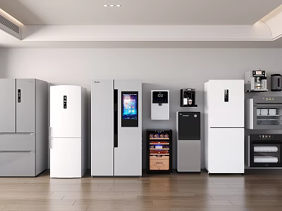 Modern Kitchen Interior Showcasing Various Appliances Including Refrigerators Coffee Makers Ovens And Wine Coolers 3d model