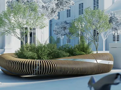 Modern Landscape Seating With Curved Striped Design Surrounded by Green Plants Trees and White Building 3d model