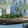 Modern Landscape Seating With Curved Striped Design Surrounded by Green Plants Trees and White Building