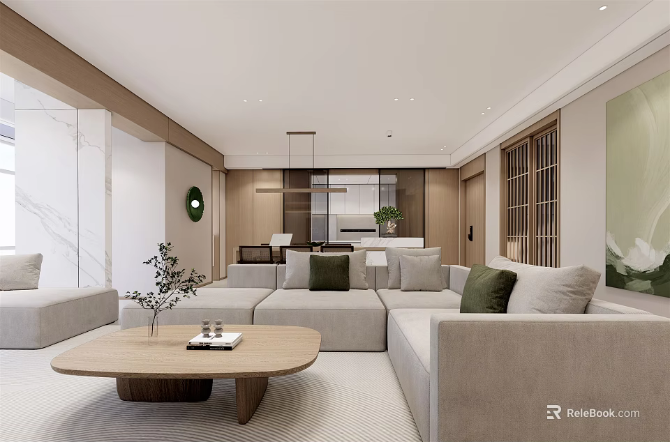 Modern Minimalist Living Dining Room Interior With Sofa Coffee Table And Decorative Plants 3d model 