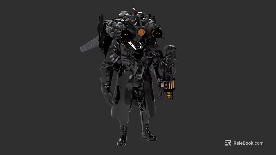 Futuristic Black Mech Game Movie Character With Orange Lights And Battle Gear 3d model 