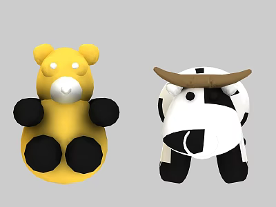 Cute Stuffed Yellow Bear with Black Ears Paws and White Cow with Horns 3d model