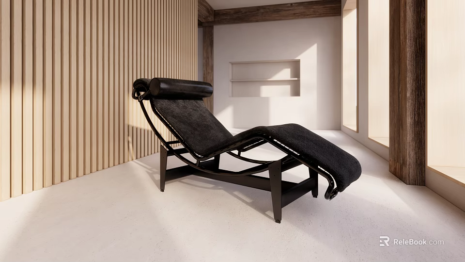 Black Comfortable Lounge Chair In Minimalist Room With Wooden Wall And White Wall 3d model 