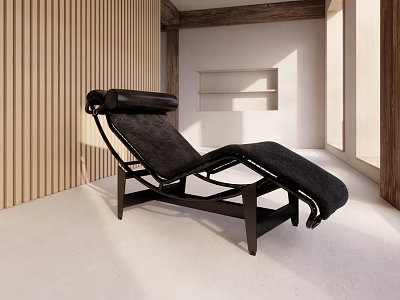 Black Comfortable Lounge Chair In Minimalist Room With Wooden Wall And White Wall 3d model