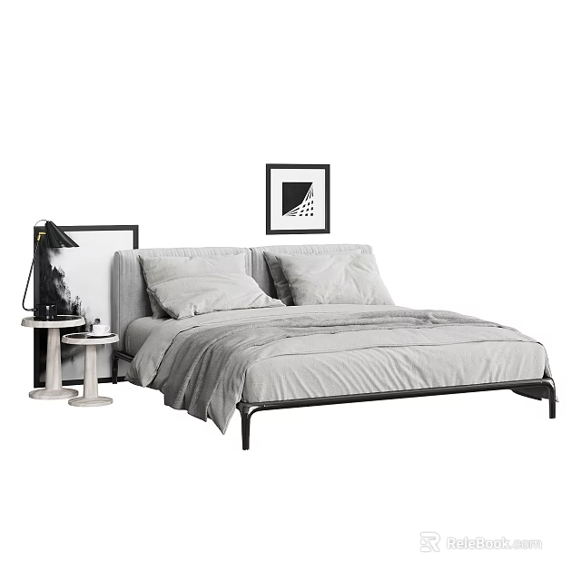 Modern Minimalist Double Bed With Pillows Bedspread Nightstand Table Lamp And Wall Art 3d model 