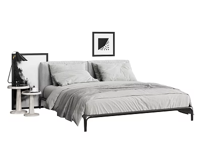 Modern Minimalist Double Bed With Pillows Bedspread Nightstand Table Lamp And Wall Art 3d model