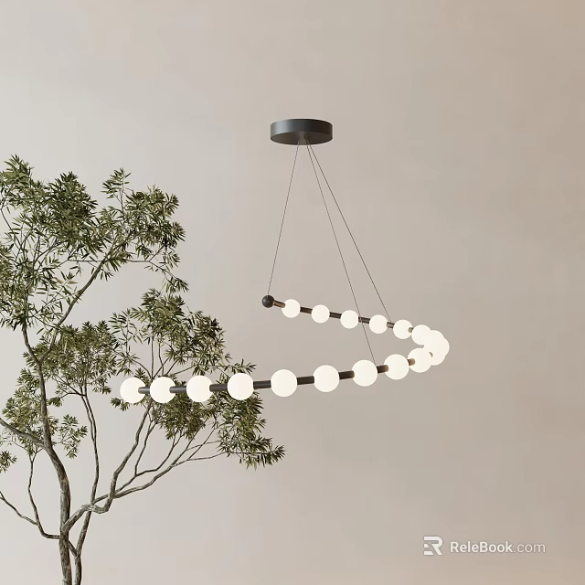 Circular Pendant Light With White Bulbs Hanging Over Green Plants On Light Wall Background 3d model 