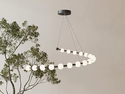 Circular Pendant Light With White Bulbs Hanging Over Green Plants On Light Wall Background 3d model