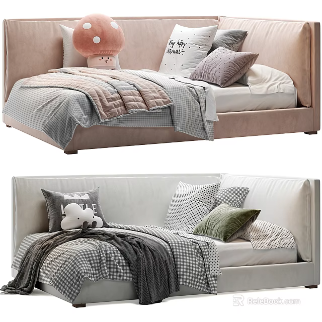 Cozy Bedroom Furniture With Soft Headboard Plush Toys Decorative Pillows And Throw Blankets 3d model 