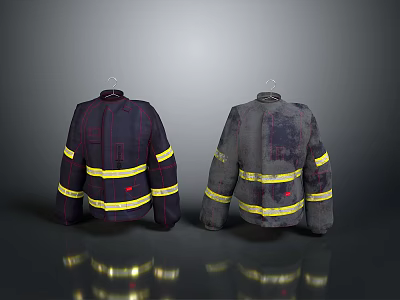 Firefighter Jackets Daily Supplies Showing New And Worn Versions With Yellow Stripes Red Emblems Hanging 3d model