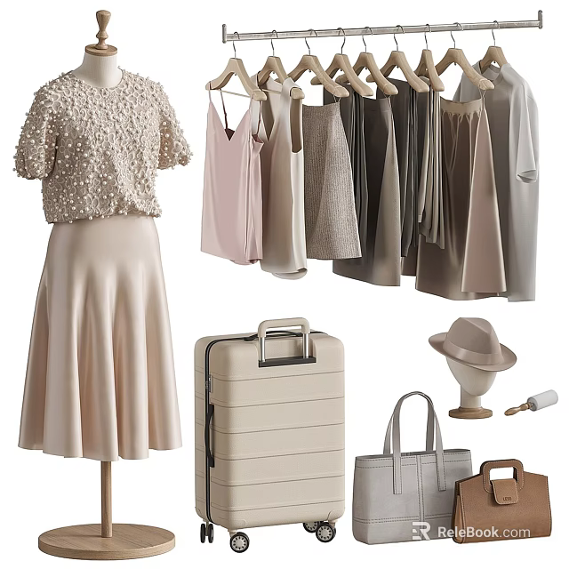 Beaded Top And Beige Skirt Clothes Collection With Hanging Garments Hat Handbags Suitcase And Neutral Tones 3d model 