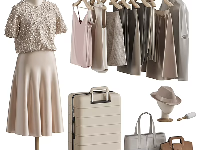 Beaded Top And Beige Skirt Clothes Collection With Hanging Garments Hat Handbags Suitcase And Neutral Tones 3d model