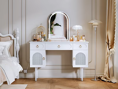 White Dressing Table with Mirror and Cosmetics Bottles and Floor Lamp against Paneled Walls 3d model