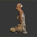 Emaciated Man Statue Sitting on Ground with Tattered Clothes and Wooden Cane Against Gray Background
