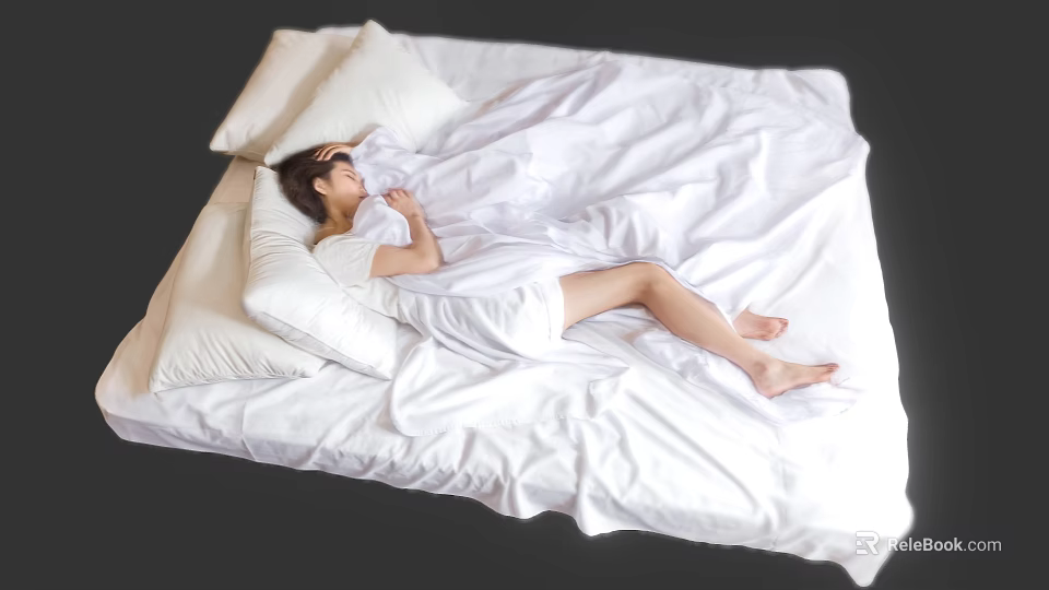 Woman Resting Comfortably On Bed With White Bedding And Pillows 3d model 