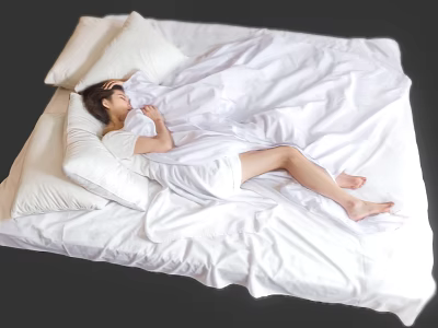 Woman Resting Comfortably On Bed With White Bedding And Pillows 3d model