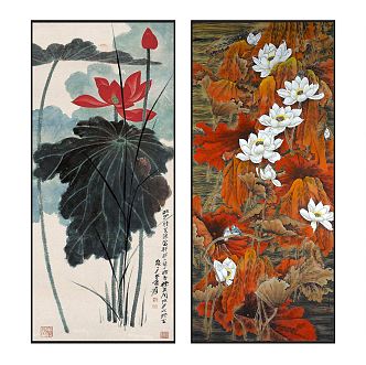 New Chinese Plant Painting Elegant Zen Red and White Lotus Pattern Hanging Painting Combination 3d model