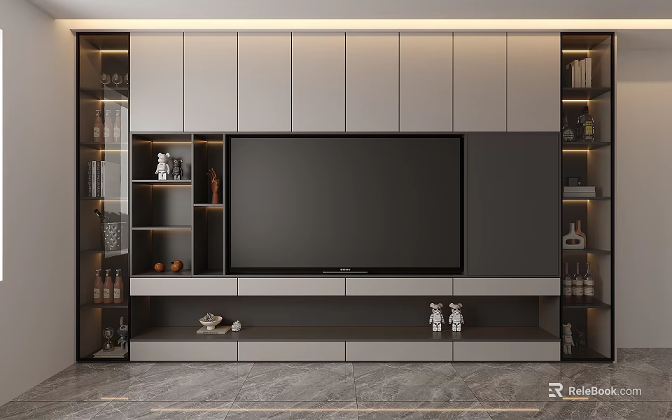 Modern Gray TV Background Cabinet With Open Shelves Storage Lighting And Decor Items 3d model 