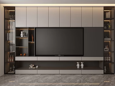 Modern Gray TV Background Cabinet With Open Shelves Storage Lighting And Decor Items 3d model