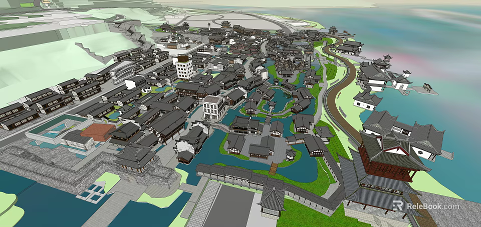 Scenic Commercial Street With Traditional Style Buildings Waterfront And Green Spaces 3d model 