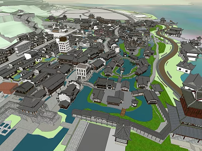 Scenic Commercial Street With Traditional Style Buildings Waterfront And Green Spaces 3d model