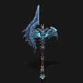 Ornate Glowing Axe With Blue Luminous Details Wing Like Structure And Purple Gold Handle
