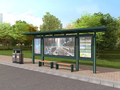 Modern Road Facilities With Bus Stop Shelter Benches Trash Can And Green Trees 3d model