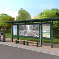 Modern Road Facilities With Bus Stop Shelter Benches Trash Can And Green Trees