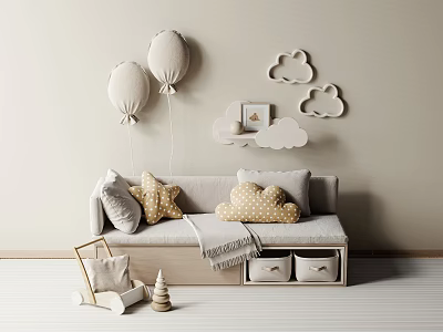 Cozy Light Colored Room With Star Shaped And Polka Dot Pillows On Sofa 3d model