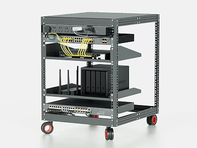 Mobile Network Equipment Rack With Multiple Shelves Holding Switches Routers And Cables 3d model