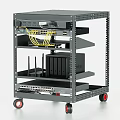 Mobile Network Equipment Rack With Multiple Shelves Holding Switches Routers And Cables