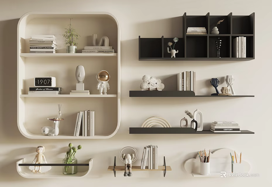 Modern Open Shelving Units White And Black With Books Decor Plants Clock Figurines And Stationery 3d model 