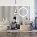 Beige Bean Bag Chairs With Striped Wall Circular Light And Small Table In Modern Room
