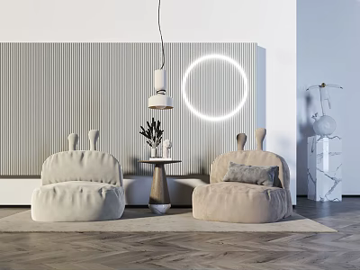 Beige Bean Bag Chairs With Striped Wall Circular Light And Small Table In Modern Room 3d model