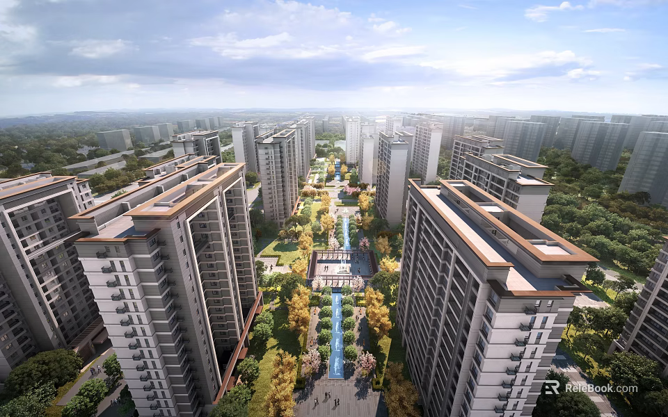 Aerial Planning of Modern Residential Community With High Rise Buildings Green Belts and Water Features 3d model 